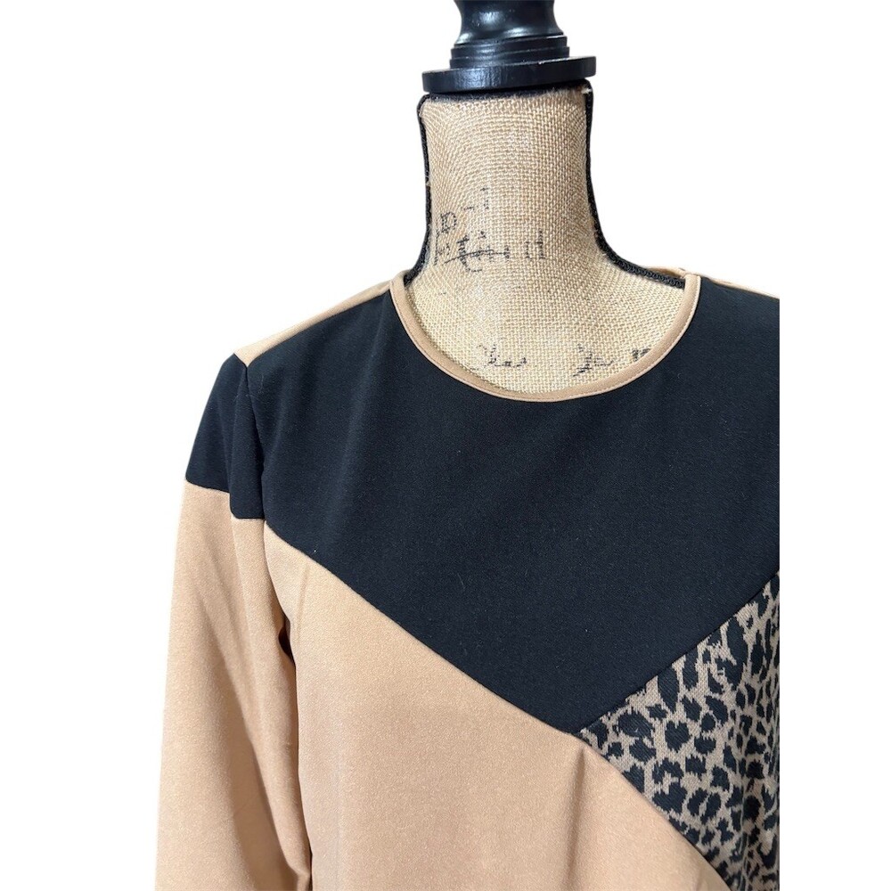 Emery Rose Dress Womens M Tan/Black Colorblock Leopard Shift Knee Long - Picture 2 of 10